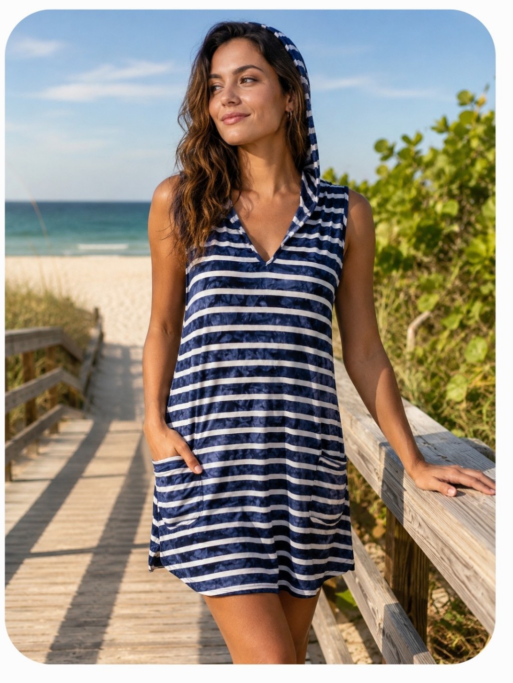 Sandlsea Hooded Swim Cover Up Dress Blue White Stripe Pockets Xs Beach Resort